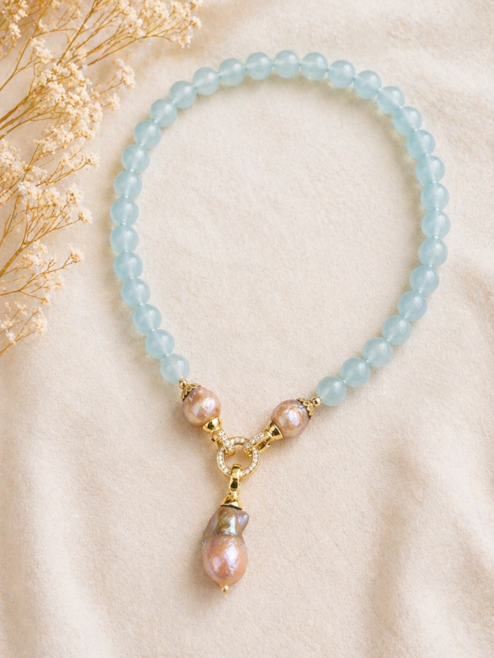 Aquamarine & Pearl Statement Necklace | Gold Plated CZ Clasp | Blue Beaded - Picture 4 of 5